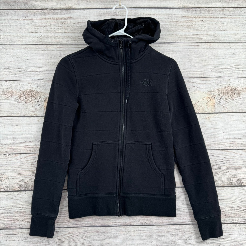 The North Face Quilted Hoodie Womens Small Black Faux Fur Lined Full Zip Jacket